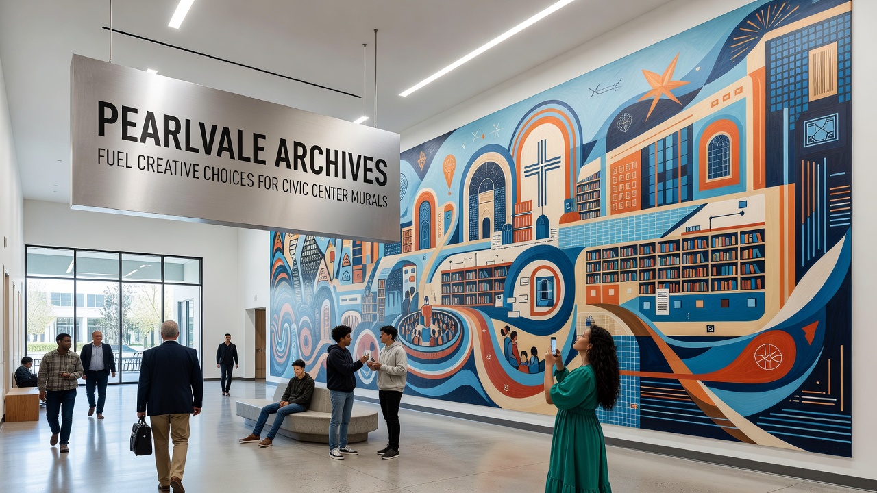 Artists consulting enlarged reproductions of Pearlvale archive photographs while planning mural elements at the Civic Center site